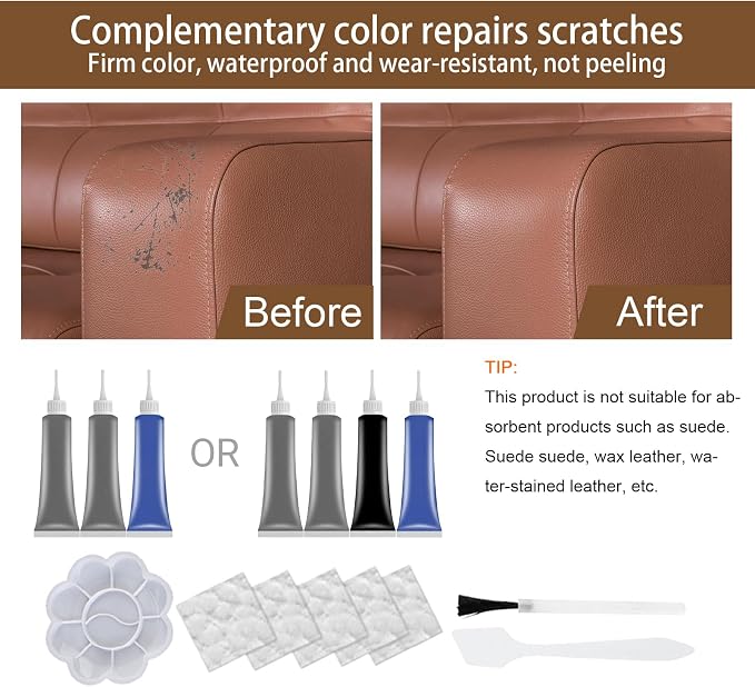 Leather & Vinyl Repair Kit – Fix Scratches, Tears & Holes on Furniture, Car Seats, Sofas | Leather Repair Kit for Furniture, Leather Seat Repair Kit for Cars | Easy to Use (3, Gray*2、Blue)
