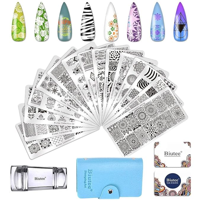 Biutee 19pcs Nail Stamp Plates set 15 plate 1Stamper 2Scraper 1storage bag Nails Art Stamping Plate Scraper Stamper Set Leaves Flowers Animal Nail plate Template Image Plate