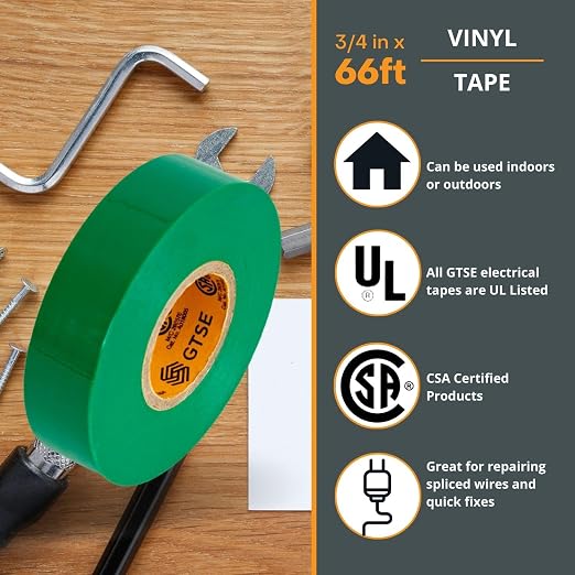 GTSE Green Electrical Tape, 3-Pack – Waterproof, Industrial Grade Vinyl, 3/4 in x 66ft– Strong Self-Adhesive PVC Electric Tape for Wire Insulation, 7 Mil, 600V – UL/CSA Listed