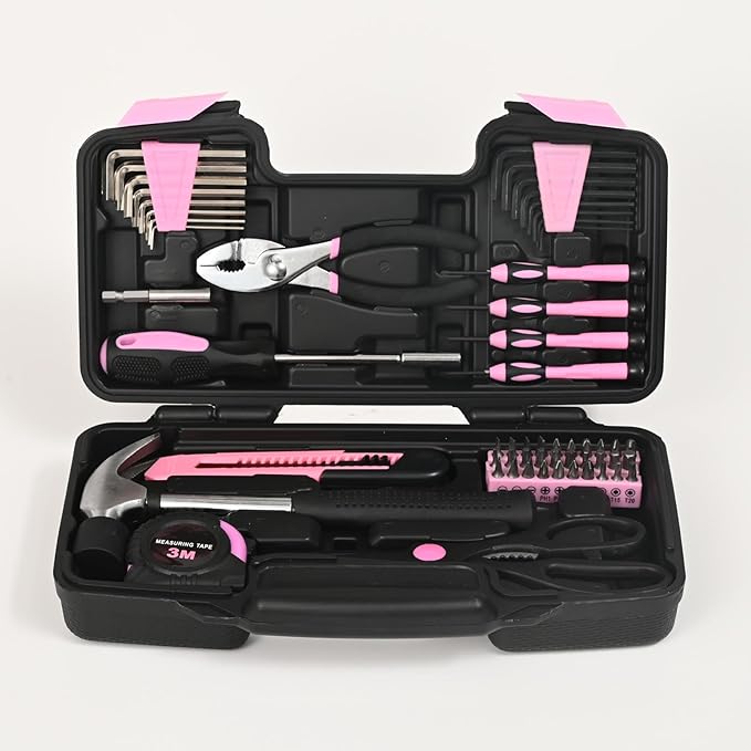 58-Piece Pink Home Tool Set | Basic Household Hand Kit for Women Girls Ladies | All Purpose Small Tool Kit with Storage Toolbox for Home Repair DIY