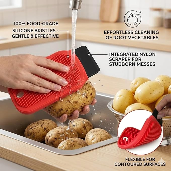 3-in-1 Silicone Dish Sponge-Food-Grade BPA-Free Cleaning Brush with Dual-Sided Comb&Scraper,Hanging Hole for Easy Storage,Fast-Dry Reusable Kitchen Gadget for Dishes/Fruits/Vegetables (Red 1PCS)