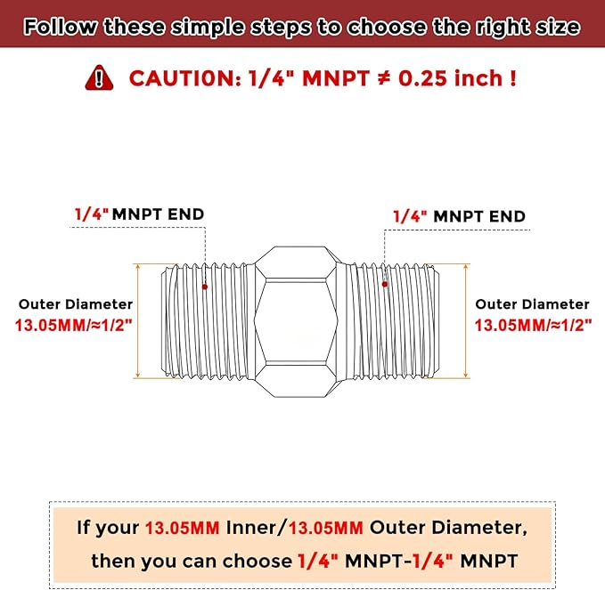 Pack of 1, 1/4" NPT Male to 1/4" NPT Male Solid Brass Hex Nipple Hose Connectors, Male Pipe Adapter for Pipe Leak Repair, Bathroom Remodeling, Tool Extensions, Compression