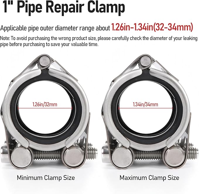Upgraded Pipe Repair Clamp with M1 Self-Adhesive Leak-Sealing Tape | 304 Stainless Steel Rust-Proof Emergency Pipe Repair Kit for Plastic & Metal Pipes, 1"(32-34mm)