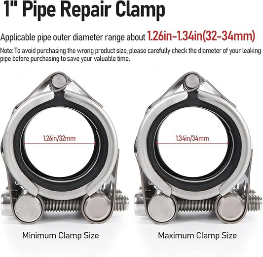 Upgraded Pipe Repair Clamp with M1 Self-Adhesive Leak-Sealing Tape | 304 Stainless Steel Rust-Proof Emergency Pipe Repair Kit for Plastic & Metal Pipes, 1"(32-34mm)