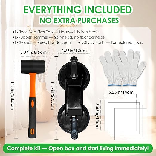 Floor Gap Fixer Tool for Laminate Floor Gap Repair, Heavy Duty Dual Suction Cups with 45° Striking Surface, Includes Rubber Mallet, Sticky Pads & Gloves for Vinyl Plank, LVP & Hardwood