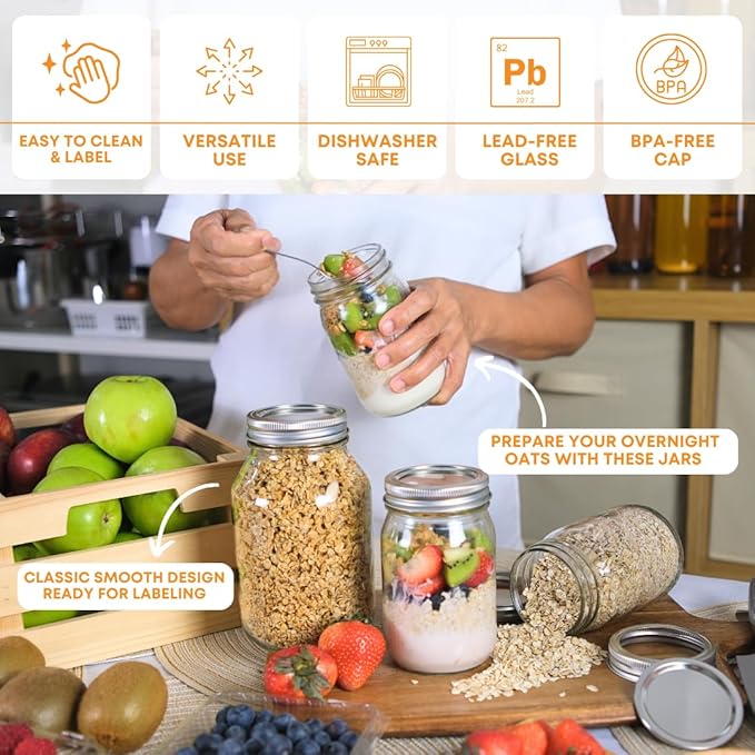 FastRack Regular Mouth Glass Mason Jars with Metal Airtight Lids | 16 oz - Pack of 12 | Large Glass Jars for Food Storage with Lids | Ideal for Canning, Fermentation, Pickling, Kombucha Brewing