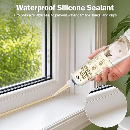 Beige Silicone Caulk Sealant - Sealant for Filling and Repairing Gaps in Sinks, Bathtubs, Shower Stalls, Toilet Bases, and Tile Joints