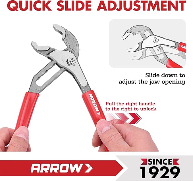 Arrow 3-Piece V-Jaw Groove Joint Pliers Set (8", 10", 12"), Quick Adjustable Water Pump Pliers with 18 Positions, CR-V Steel, for Plumbing, Automotive, Mechanical Repair and Household Use