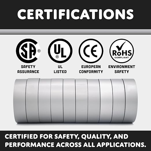 TradeGear Gray 10 Pack - UL Listed Colored Electrical Tape, 60 ft x 3/4 in, 600V, Flame Retardant, Waterproof, Rubber Adhesive - Phase Marking, Wire ID, Automotive
