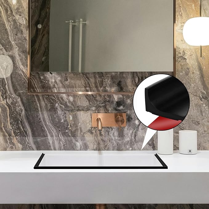 39 Inch Shower Threshold Water Dam, Silicone Barrier Shower Door Bottom Seal Strip, Self Adhesive Waterproof Barrier, for Kitchen Countertop Sink, Cooktop, Bathroom（Black）