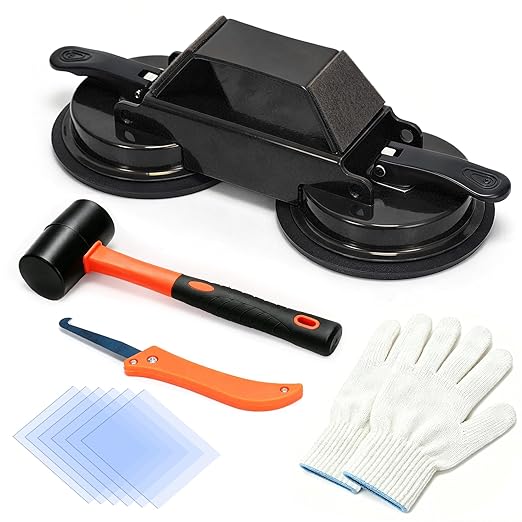 Floor Gap Fixer Tool with Suction Cup, Heavy Duty Floor Gap Repair Kit for Laminate, Floating, LVP, Vinyl Plank & Hardwood Flooring, Includes Rubber Mallet, Scrape, Gloves & 6 Reusable Pads