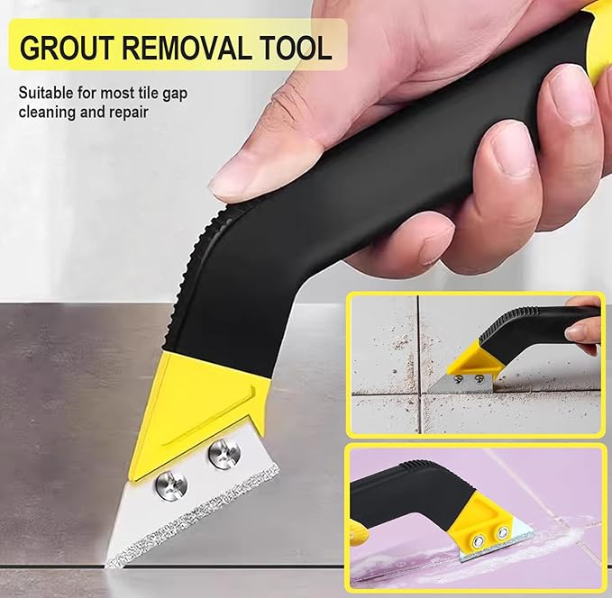 Silicone Caulking Tool Kit, 5 in 1 Sealant Finishing Tool with Stainless Steel Head, Putty Knife, 3 Glass Glue Corner Scrapers, Grout Removal Tool for Kitchen Bathroom Floor Window