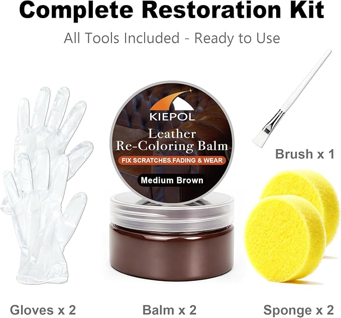 Medium Brown Leather Repair Kit, Medium Brown Leather Recoloring Balm, Leather Dye - Restore & Renew Scratch, Faded and Aged Leather & Vinyl Couches, Boots, Car Seats or Leather Furniture