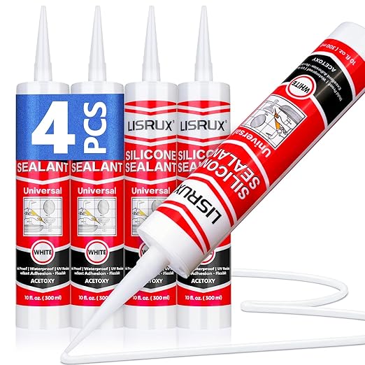 LISRUX Supreme Silicone Caulk for Kitchen & Bathroom, White, 10 fl oz Cartridge, 4 Pack - 100% Waterproof Silicone Sealant, Stronger Adhesion, Shrink & Crack Proof