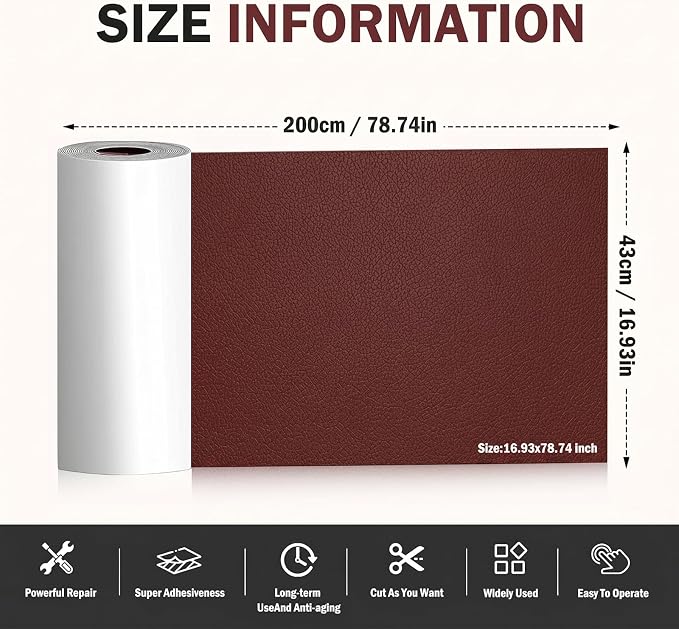 Leather Repair Patch, 17 x 79 Inch, Self Adhesive Leather Repair Tape, Large Vinyl Patch Kit, Vinyl Repair Tape, for Couches, Car Seats, Chairs, Furniture (Reddish Brown)