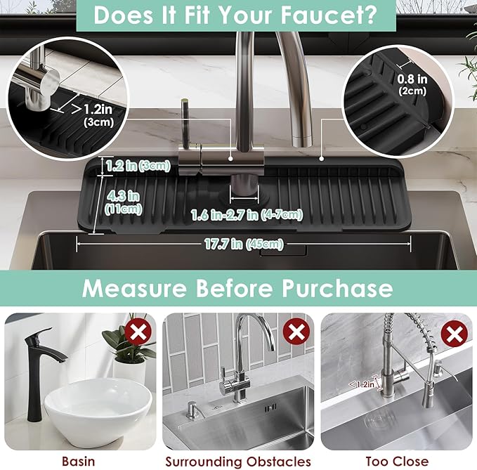 24 Inch Silicone Faucet Mat for Kitchen Sink Splash Guard - 7° Slope Water Draining Mat With Fasten Button for Bathroom Area (Black, 17.7''x5.5'')