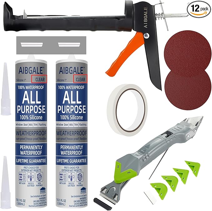 Caulking Tool Kit, Caulking Gun, 2 Clear Silicone Sealant with Gun - All-Purpose 100% Silicone Caulk (20 oz Tube), and 5 in 1 Scraper/Smoothing Tool, Sandpaper, Gloves and Masking Tape
