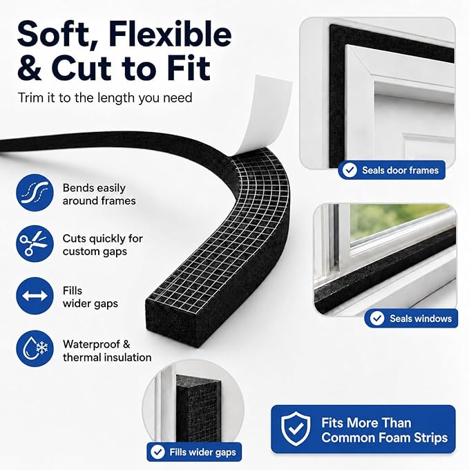 1" x 1" EVA Foam Weather Stripping Tape, 6.5FT Self-Adhesive Foam Seal Strip for Large Door & Window Gaps, Black