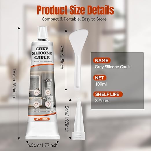 Gray Caulk, No Shrinkage or Cracking, Waterproof Gray Silicone Caulk for Bathroom, Kitchen, Shower, Bathtub, Toilet, Sink, Window and Door, with Masking Tape, 100ml