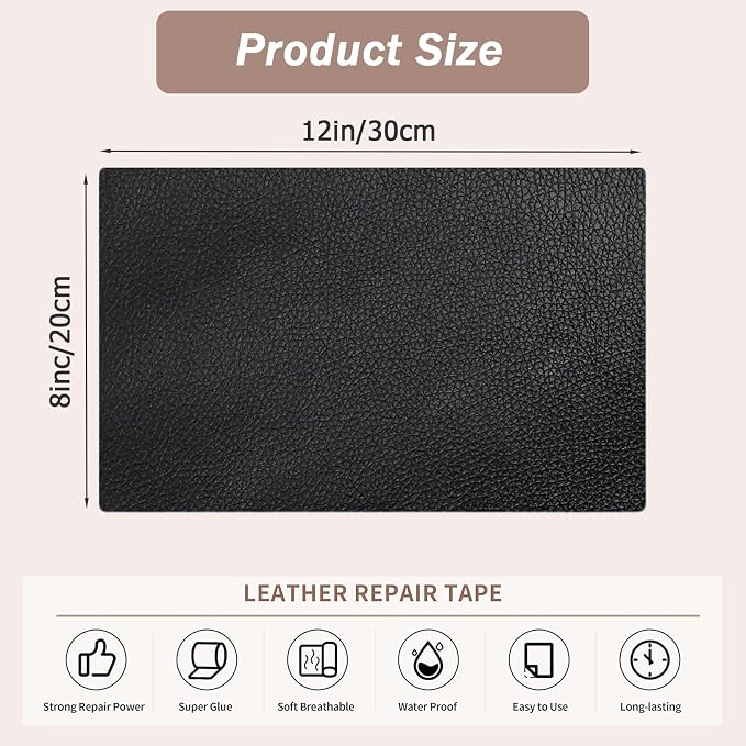 4PCS Self-Adhesive Leather Repair Patches, 8 x 12 Inch Black Repair Patch Tape for Couches Waterproof Leather Patches for Furniture, Sofa, Chair, Car Seats (Black)