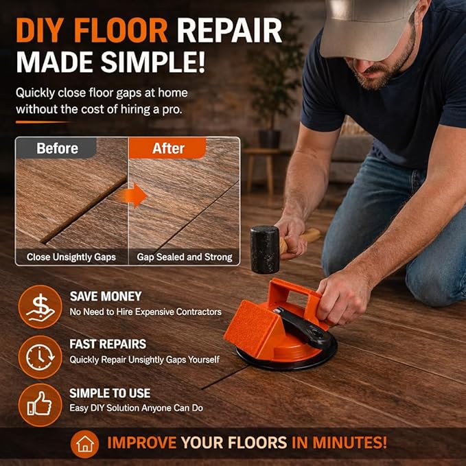 Floor Gap Fixer Tool, Heavy Duty Suction Cup Floor Gap Repair Tool for Vinyl Plank Laminate Flooring, 45° Striking Surface Plank Grabber with Gap Cutter, 5 Adhesive Pads Included, Orange