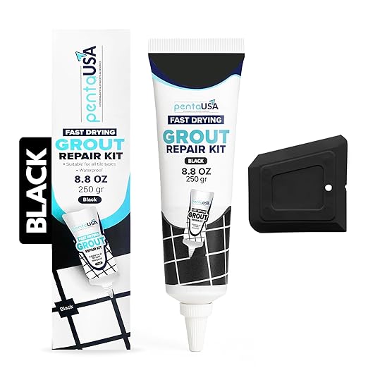 PentaUSA Tile Grout Repair Kit - Black Premixed Acrylic Sanded Grout Filler for Bathroom, Shower, and Kitchen Tile Repair, Water-Resistant Tube with Applicator, Fills Cracks and Gaps, (8.8oz / 250g)
