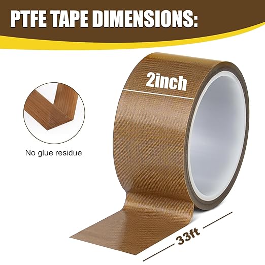 Teflone Glass Cloth Tape (2 inch x 33 Feet x 0.18mm), High Temperature PTFE Heat Resistant Adhesive Tape Non-Stick Surface for Vacuum Sealer Machine, Heat Press, Packaging, Electrical Use