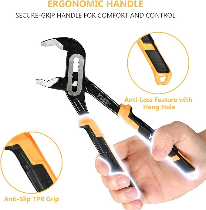 Groove Joint Pliers 8/10 Inch V-Jaw Water Pump Pliers With 7-Position Push Locks,Adjustable Tongue and Groove lock Pliers Rubber Grip Handle Tools Set for Home Auto Repair,Nuts,Bolts,Pipe 2 Piece