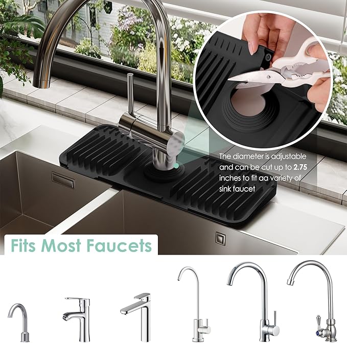24 Inch Silicone Faucet Mat for Kitchen Sink Splash Guard - 7° Slope Water Draining Mat With Fasten Button for Bathroom Area (Black, 14.6''x5.5'')