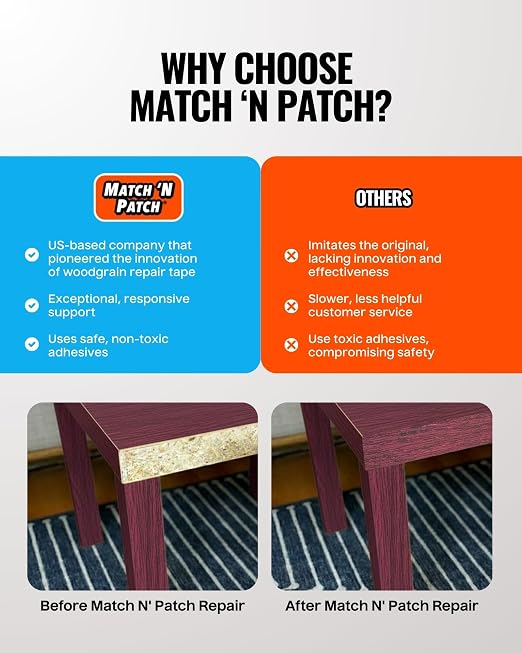 MATCH 'N PATCH Wood Grain Repair Tape - Dark Cherry, 2.25 in x 15 ft (1-Pack) – Wood Grain Colored Duct Tape for Mirror Frame, Trim, Borders, Floor and Other Furniture, Scratch Repair Kit