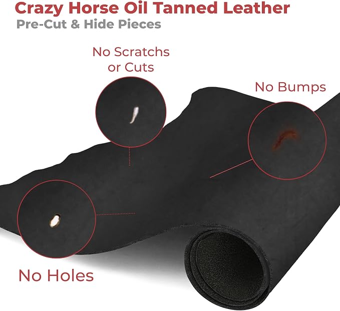 ELW Crazy Horse Leather 5-6 OZ (2-2.4mm) | Black | Pre-Cut 10"x12" 2PCS | Full Grain Cowhide Handmade Leather for DIY, Crafts, Sheaths, Sewing, Workshop