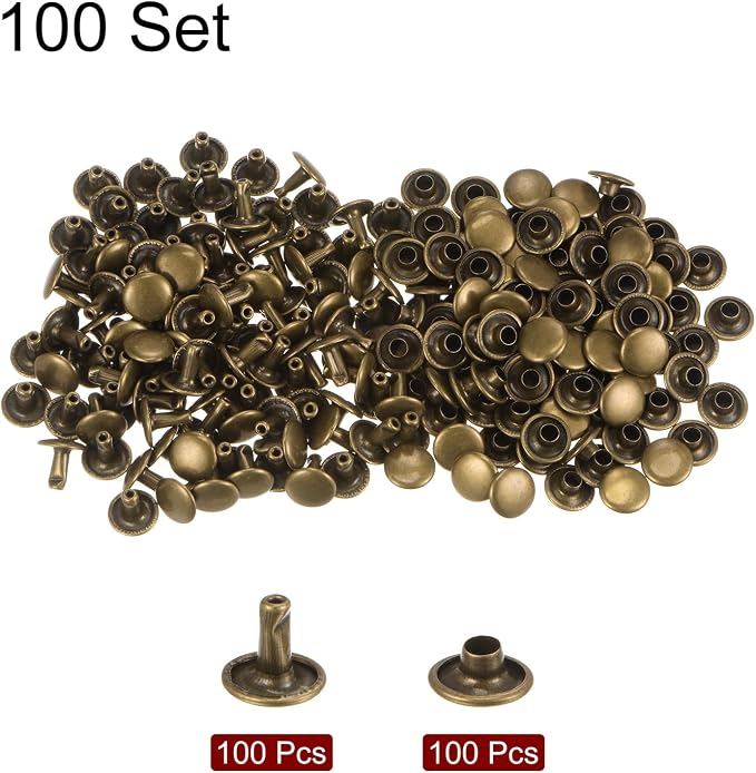 HARFINGTON 100 Sets Leather Rivets 8 x 9mm Metal Double Cap Rivet Snaps Studs Fasteners with 3pcs Setting Tools for Leather Craft DIY Repair Decoration, Bronze
