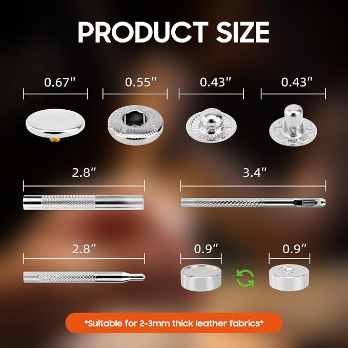 Leather Snaps and Fasteners Kit，17mm 40 Sets Metal Snap Buttons with Setter Tools， Sewing Snaps for Clothing，Fabric，Leather, Clothes, Jackets, Bags, DIY Crafting （Silver）