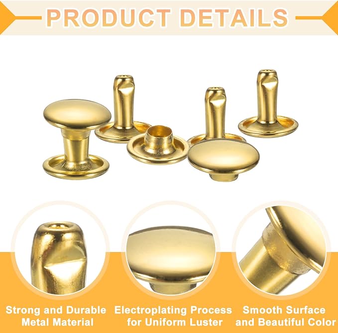 uxcell 120Set Leather Rivets, 8mm Double Cap Rivet Tubular Metal Studs Repairs Decoration Craft Accessories for Repair Decorate Leather Craft Belt Bag Shoes Purse Belts, Gold