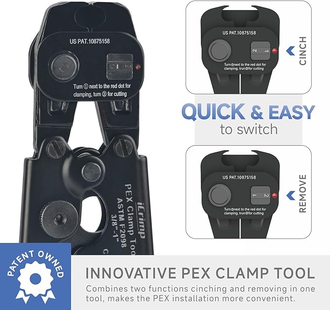 iCRIMP Ratchet PEX Cinch Tool with Removing function for 3/8 to 1-inch Stainless Steel Clamps with 20PCS 1/2-inch and 10PCS 3/4-inch PEX Clamps and Pipe Cutter- All in One