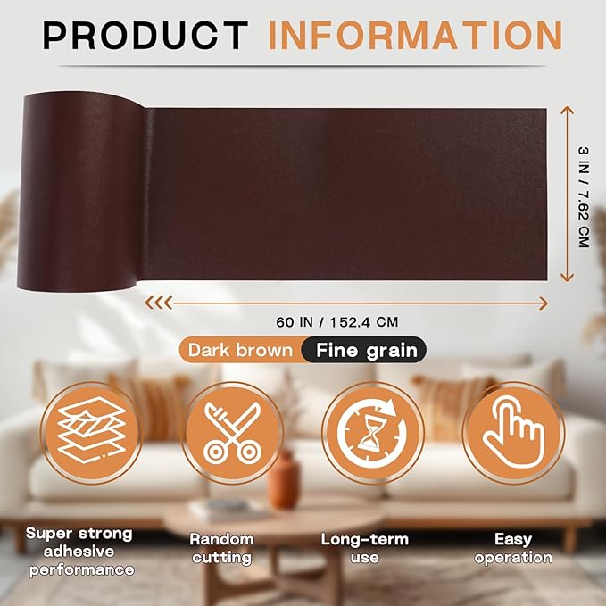 Leather Repair Patch, 3 x 60In Self Adhesive Leather Repair Tape Kit for Furniture, Couch, Sofa, Office, Car Seats, Car Interior,Vinyl Repair Kit (Dark Brown-Fine Grain)