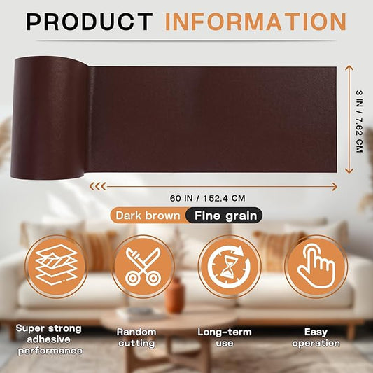 Leather Repair Patch, 3 x 60In Self Adhesive Leather Repair Tape Kit for Furniture, Couch, Sofa, Office, Car Seats, Car Interior,Vinyl Repair Kit (Dark Brown-Fine Grain)