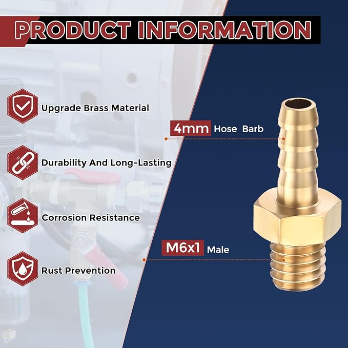 Pack of 2 Brass Hose Barb Fittings Adapter Connector 4mm Hose Barb to M6x1 Male Fittings for Home Machines, Massage Bathtubs, and Irrigation Systems