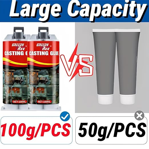 Casting Glue - High Strength Metal Repair Epoxy, Heat Resistant Waterproof Permanent Bond for Pipe Leaks, Cast Iron, Stainless Steel, Plastic & Automotive Repairs, with Mixing Nozzles