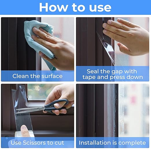 Transparent Window Weather Sealing Tape，Weather Stripping Residue-Free Clear Window Insulation Caulk Tape for Doors Windows and Shower Glass Gaps Bathroom，Weather Stripping Door Seal(2IN x 16.4FT)