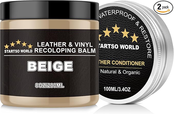 STARTSO WORLD 200Ml Leather Recoloring Balm with 100ML Leather Conditioner, Beige Leather Repair Kit for Furniture, Leather Dye, Leather Scratch Repair, Leather Couch Paint