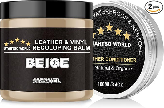 STARTSO WORLD 200Ml Leather Recoloring Balm with 100ML Leather Conditioner, Beige Leather Repair Kit for Furniture, Leather Dye, Leather Scratch Repair, Leather Couch Paint