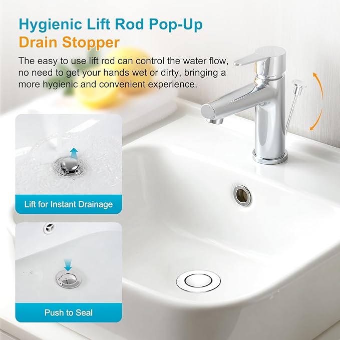 Hibbent 2 Pack Bathroom Sink Drain Assembly with Lift Rod, Lavatory Universal Pop Up Drain Stopper with Overflow for Bathroom Vanity Vessel Sink, Compatible with Moen, American Standard Hole, Chrome