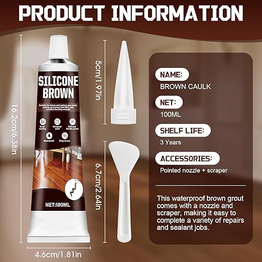 Brown Caulk, Brown Silicone Caulk, Browns Caulking with Nozzle and Scraper Strong Adhesion Flexibility Indoor Waterproof Widely Applicable for Doors Windows Kitchens Bathrooms, 3.33 oz