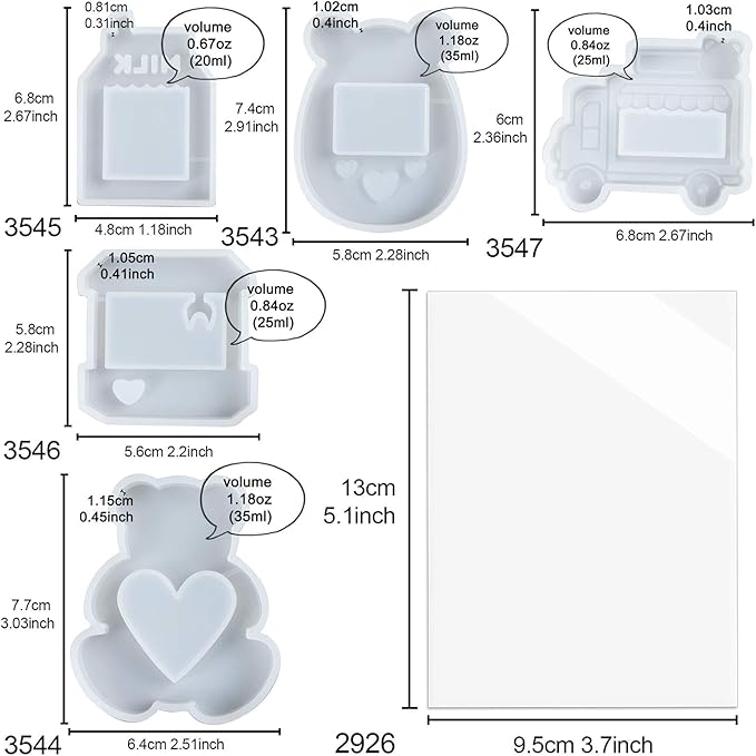 Resin Shaker Molds Set Epoxy Jewelry Casting Supplies Claw Machine, Dessert Truck, Game Console, Bear, Milk 5 Silicone Trays with 5 Seal Films Large Height 2.3-3inch