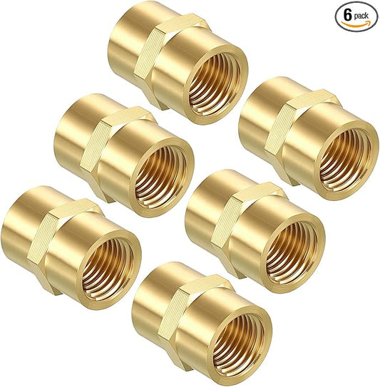 Pack of 6, 1/4" FeMale NPT to 1/4" FeMale NPT Solid Brass Pipe Fitting Coupler, Brass Coupling Hose Fittings Adapter for Pipe Leak Repair, Bathroom Remodeling, Tool Extensions