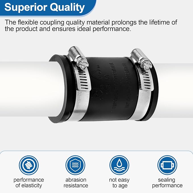 Flexible PVC Pipe Coupling Connector Replacement, for 1-1/2" Nominal Pipes, 1.9" ID Flexible PVC Condensate Pipe Coupling with Stainless Steel Hose Clamps, Schedule 40 Pipes Connector