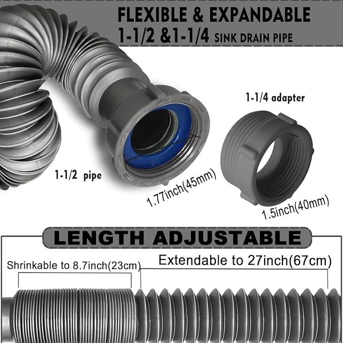 Flexible Expandable Double P-Trap Kit for 1 1/2" or 1 1/4" Double Bowl Sink Drain, Tube Pipes Kit Fit for Kitchen, Bathroom, Complete with Sealing Ring, Tape, and Tubing