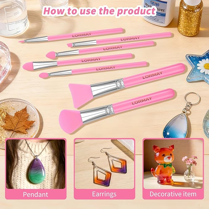 LORMAY 7 Pcs Silicone Brush Applicator Kit for UV Resin Epoxy Art Crafts and Cream Makeup Products (Pink)