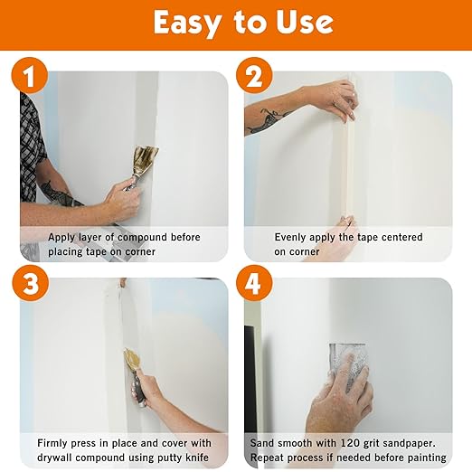 ROLLINGDOG Reinforced Drywall Corner Tape, 2" x 98.4' Drywall Tape No Adhesive Side, Inside Outside Corner Bead with Metal for Wall Crack Repair